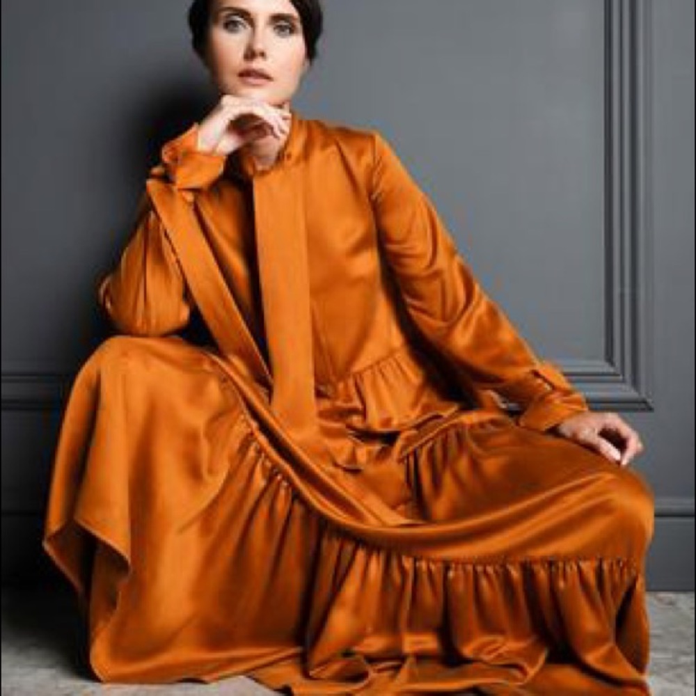 Elegant Long-Sleeve Maxi Dress with Tie Neck in Burnt Orange - Picture 2 of 4